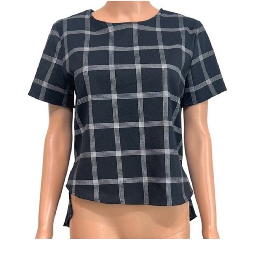 Ro & De S plaid high low ruffle back hem blouse TB 3671